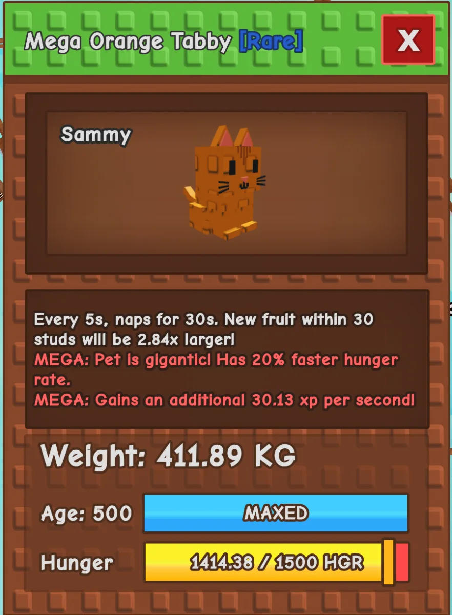 411kg (8.88kg age 1) TITANIC MEGA ORANGE TABBY - COLLECTORS PET - 5s COOLDOWN - (AGE 500)