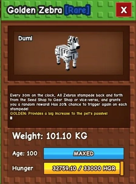 Golden COLOSSAL Zebra (101.10 KG) Tallest Pet In-Game! CHEAP Collector's Pet!