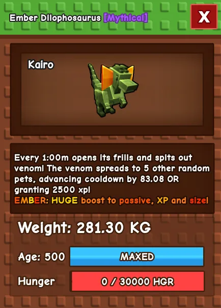 Ember Dilophosaurus 280 KG Age 500 instant delivery titanic dilophosaurus 280kg huge dilophosaurus 280kg ember mutation