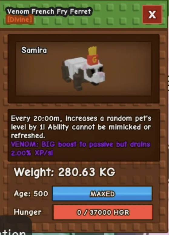 Venom HUGE French Fry Ferret 280KG+ Maxed Age 500 CD 20:00 Min Max Passive FFF — Account account