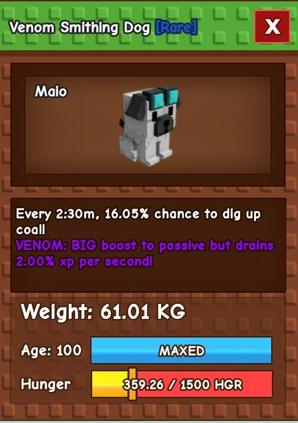 60kg+ VENOM SMITHING DOG super handsome / loving digging up coal !!! ( 60kg+ at level 100, can go to 280kg+ at level 500 max)