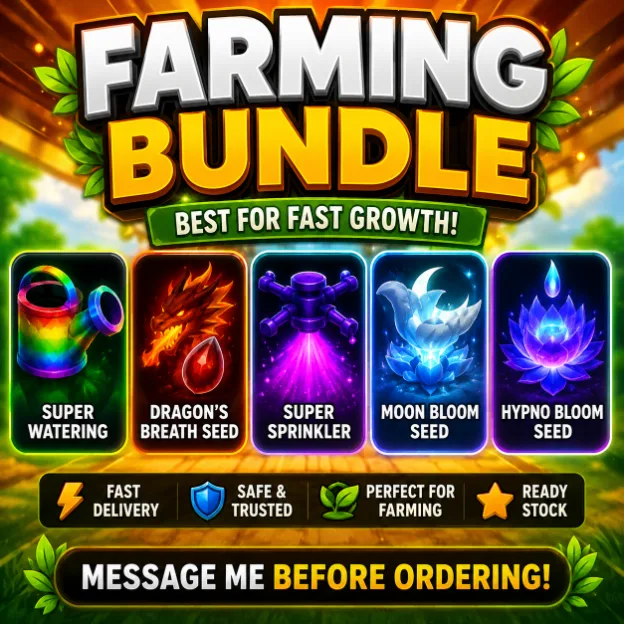 Bundle Includes: Super Watering 50 Dragon's Breath Seed 5 Super Sprinkler 50 Moon Bloom Seed 50 Hypno Bloom Seed 50