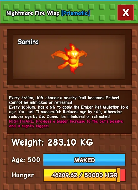280 KG++ FIRE WISP MAX CAP MAX PASSIVE MAX LEVEL AGE 500 // NIGHTMARE MUTATION