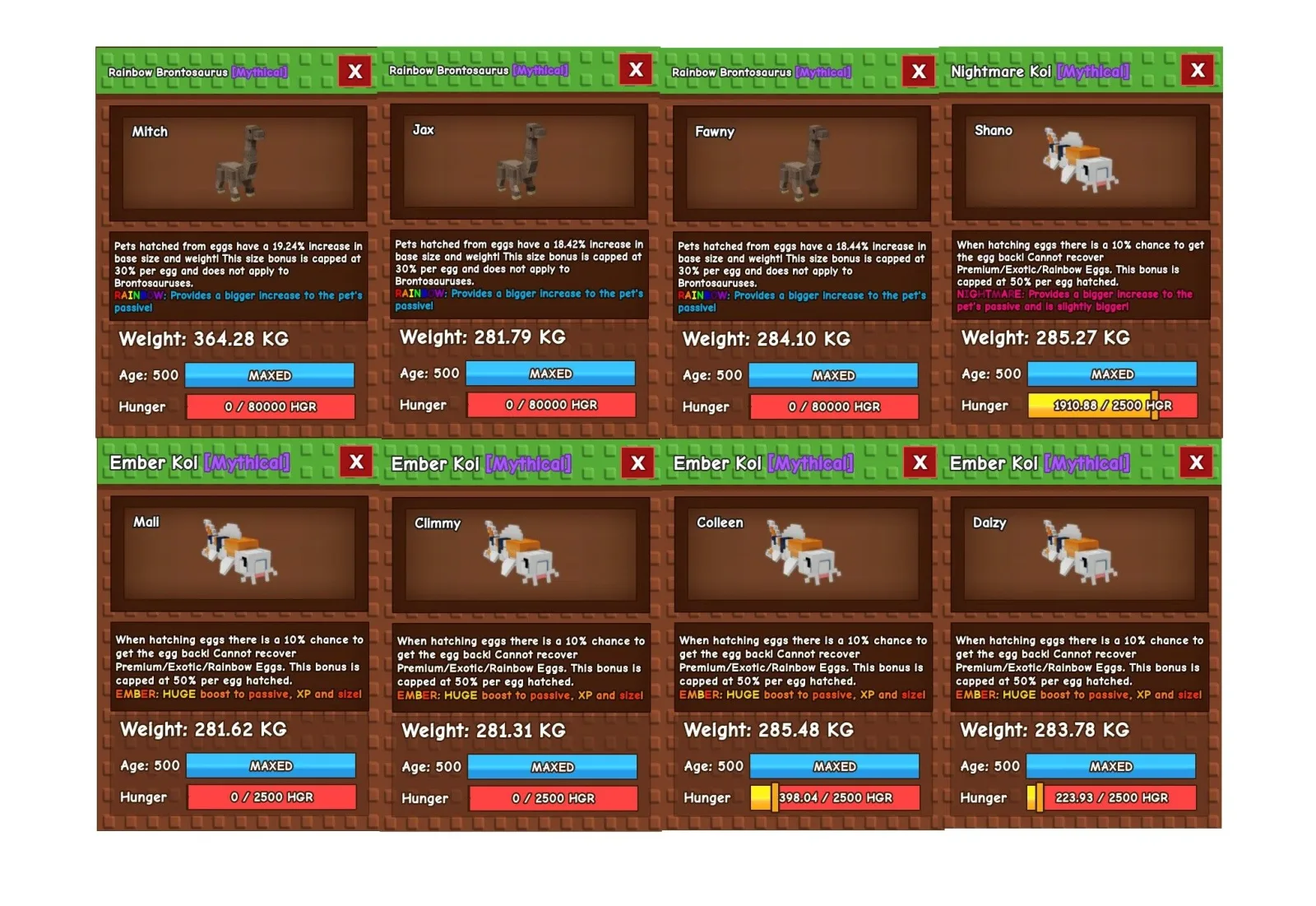 Hatching Package Ember Koi x4 + Rainbow Bronto x3 + Nightmare Koi All Huge All Age 500 Excellent passives - DB
