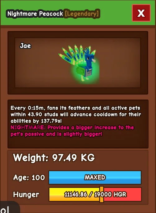 NIGHTMARE GODLY TITANIC PEACOCK 97.49KG AGE 100 — Account account