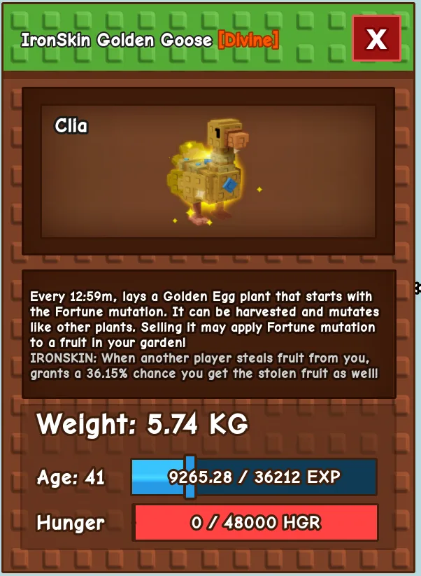 AGE 41 IronSkin Golden Goose Pet (DIVINE / 5.74 KG) - Fortune Mutation - Fast