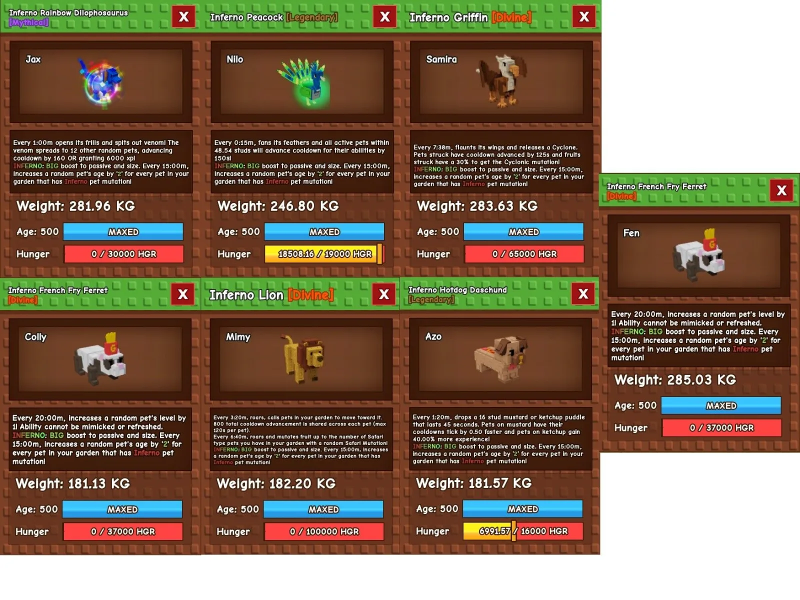 INFERNO Pet Aging CD/XP Bundle x7 Huge Pets RBH Dilo Peacock Griffin Hotdog Lion & 2x FFF French Ferret - (LL)