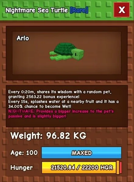 Nightmare Sea Turtle 95KG MAX AGE 20s CD 100 AGE NO AGE BREAKE