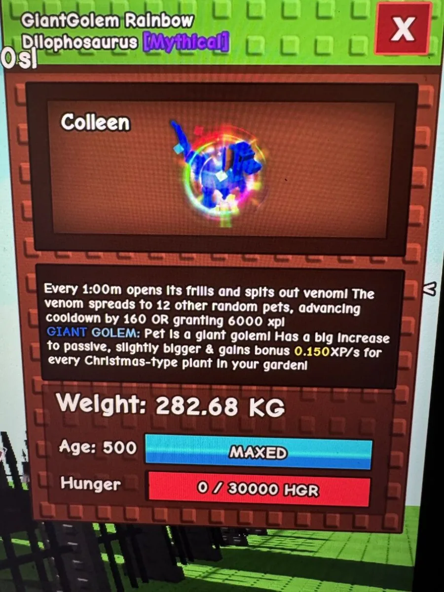 Giant golem rainbow hatch Dilophosaurus 282.68 kg level 500 — Account account