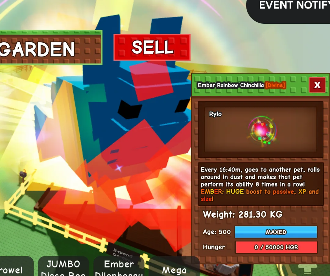 Titanic Huge Rainbow Hatch Chinchilla 281kg+ Age 500 Ember Double Mutation Pet