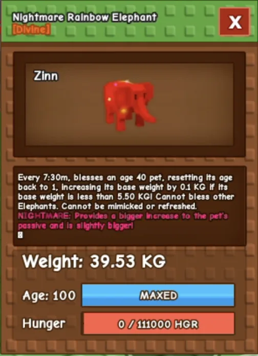 Rainbow Hatched Elephant 39.53 KG NIGHTMARE LEVEL 100 (MAX PASSIVE without toy) RBL Grow A Garden