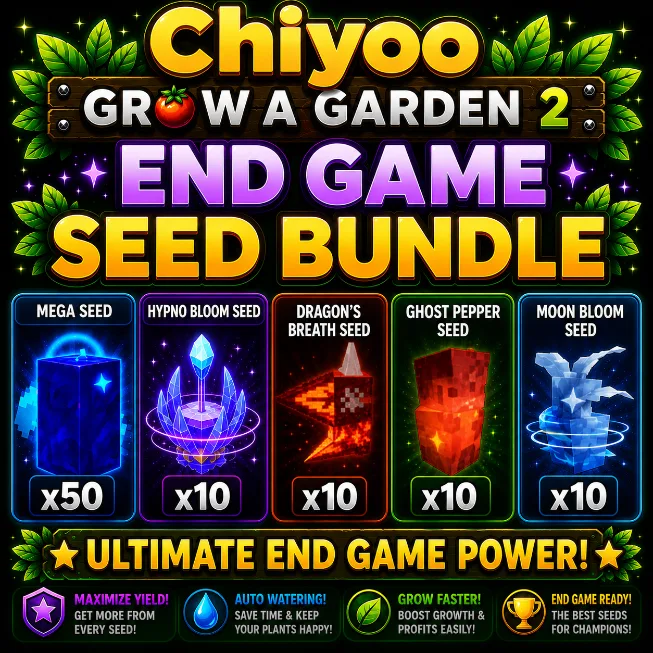 End Game Seed Bundle 50x Mega Seeds + 10x Hypno Bloom , Dragon's Breath , Ghost Pepper , Moon Bloom Free 10x Super Sprinkler + 10x Super Watering Ca