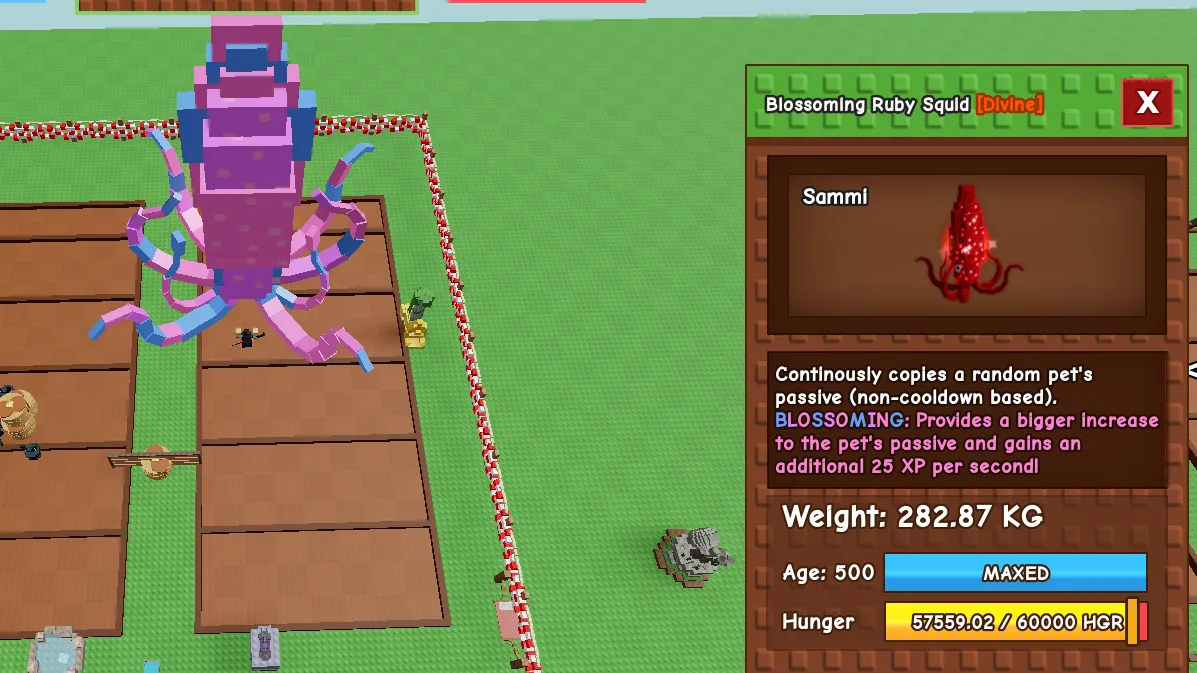 280+KG+ Blossoming Ruby Squid Divine // super handsome // Age 500 MAXED // passive copy // +25 XP/s // heavy flex pet