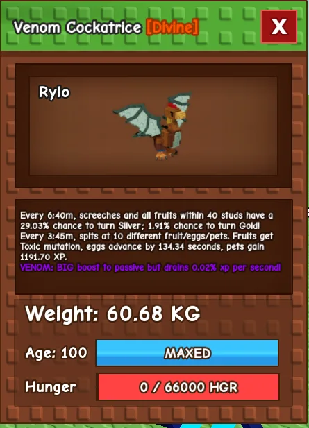 60kg HUGE VENOM COCKATRICE SUPER HANDSOME // U CAN ASK TO CHANGE TO NIGHTMARE MUTATION IF WANTED - FREE