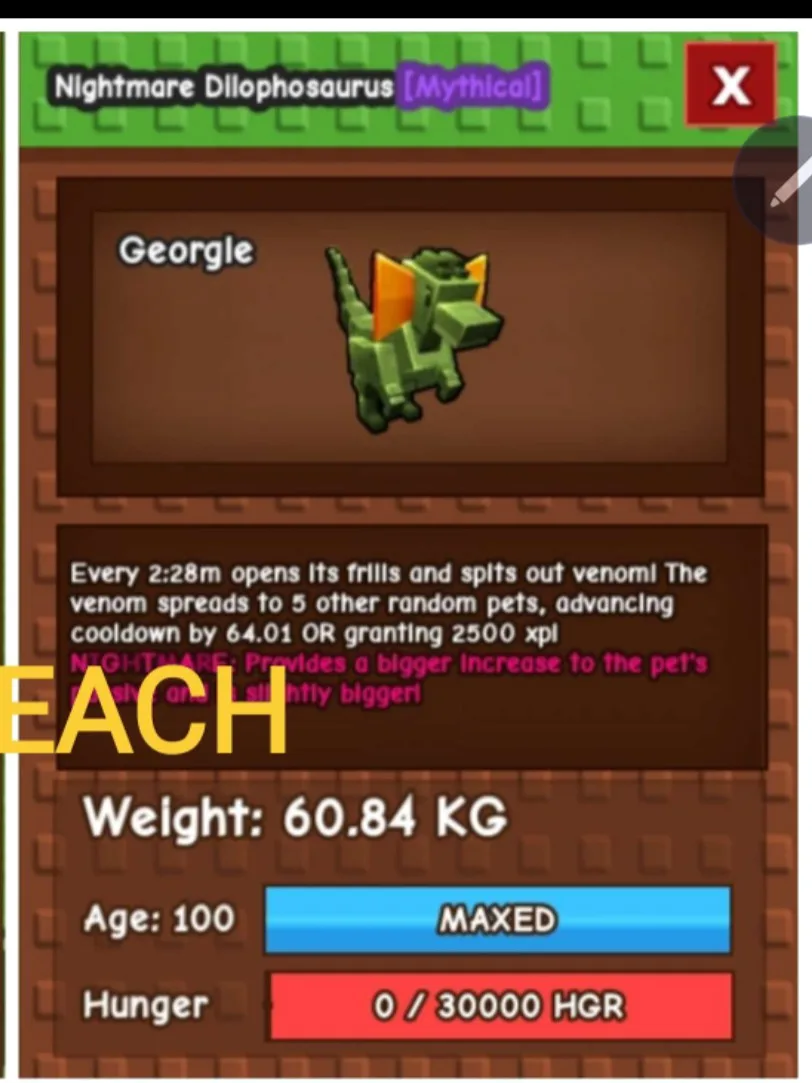 Huge Dilophosaurus Nightmare or Venom Mutation 60-61 KG — Account account