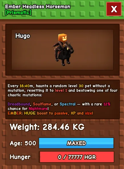 Ember Headless Horseman 280 KG Age 500 instant delivery titanic headless horseman 280kg huge headless horseman 280KG ember mutation