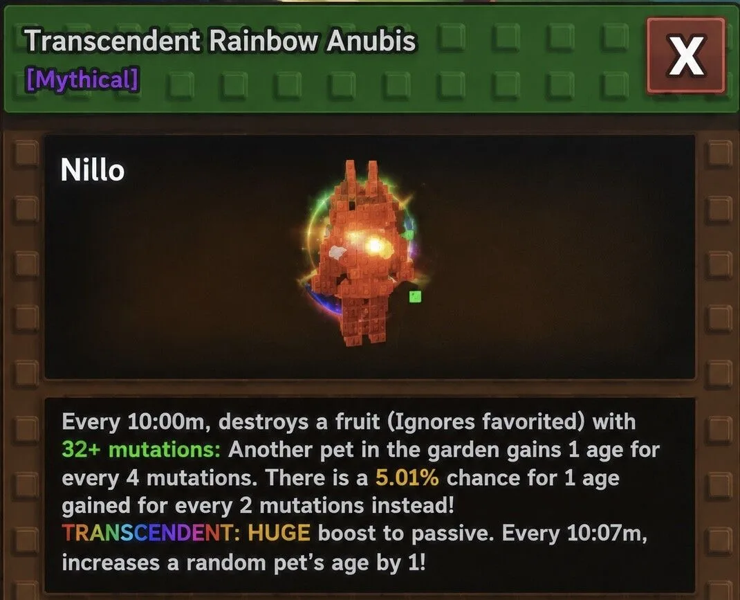 Get your own Rbh Transcendant Anubis pet (6kg based and also come with 112 plant mutations )