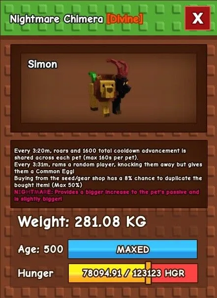 Nightmare Chimera 281.08kg Super Update Pet For Admin Abuse Get Loads Of Lollys Huge Godly Titanic - Simon (DB)