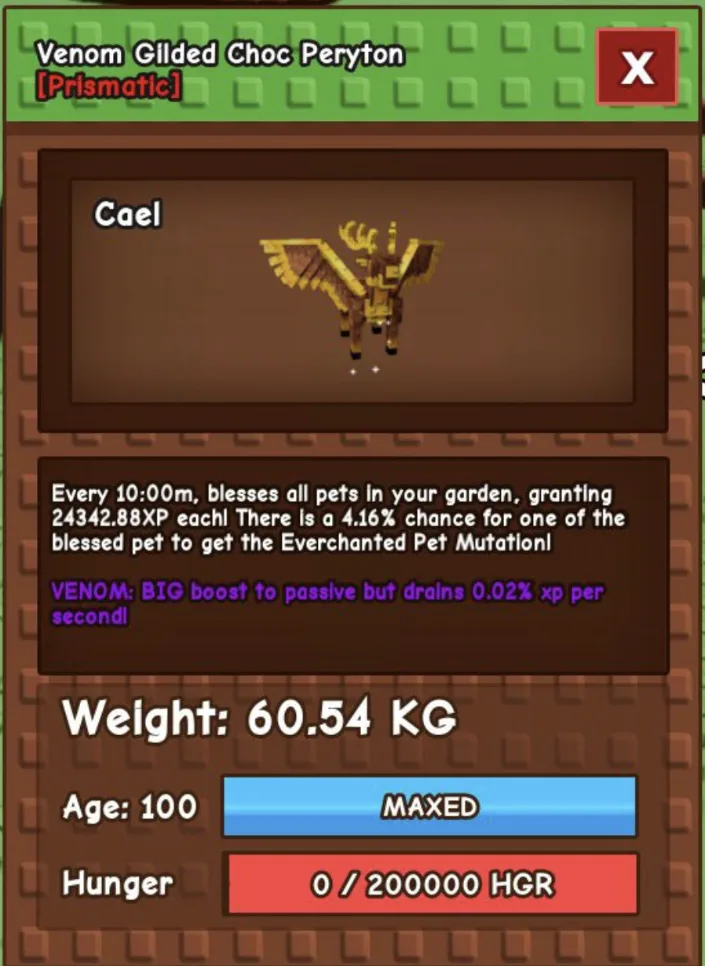 Gilded Choc Peryton 60-61KG Maxed Age 100 Venom Huge Fast Delivery