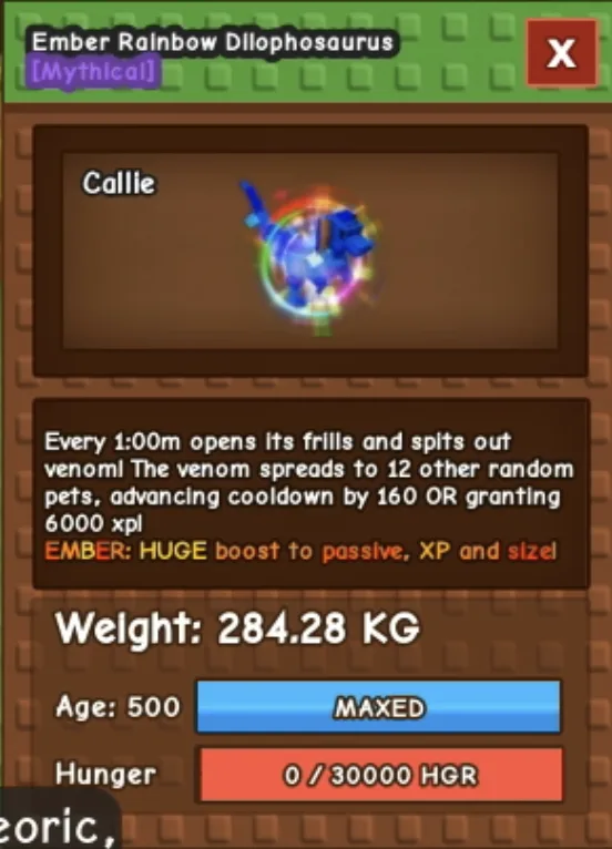 280KG+ Huge Rainbow Hatch Dilophosaurus Maxed Age 500 RBH DILO