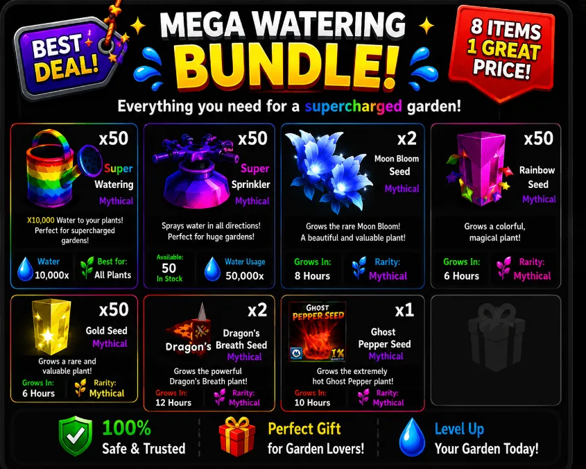 Bundle Includes 50x Super Watering 50x Super Sprinkler 2x Moon Bloom Seed 50x Rainbow Seed 50x Gold Seed 2x Dragon's Breath Seed 1x Ghost Pepper See