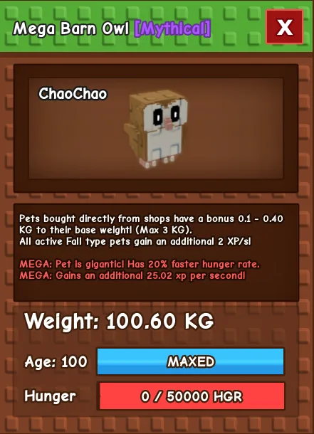 MEGA BARN OWL 100.60KG - GROW A GARDEN — Account account