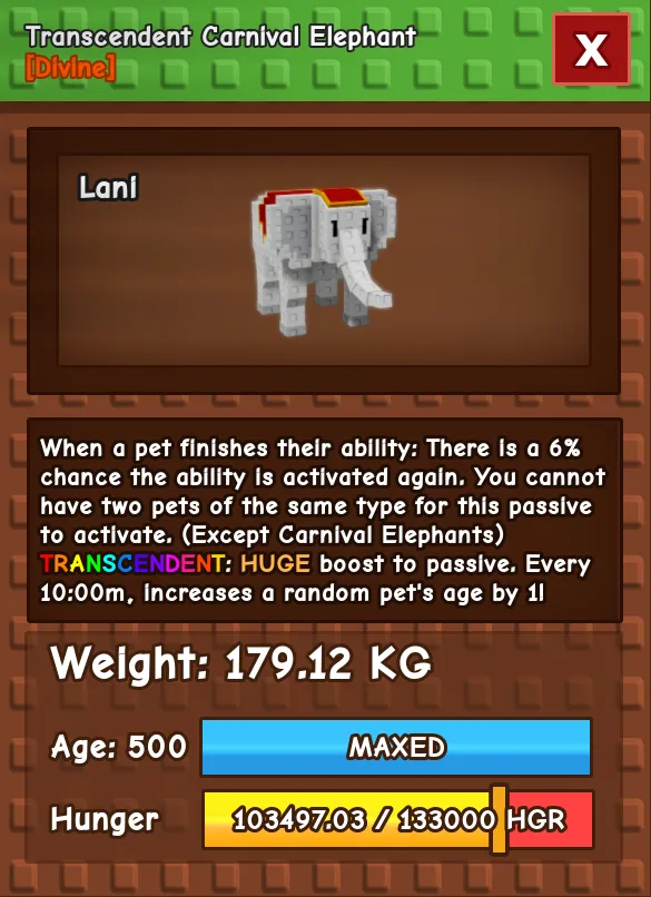 179kg+ Transcendent Carnival Elephant - Age 500