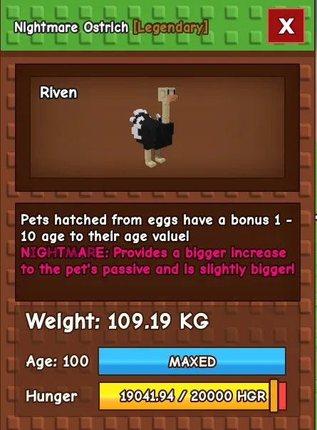 GODLY TITANIC COLOSSAL NIGHTMARE OSTRICH 109.19 KG Age 100 MAX — Account account