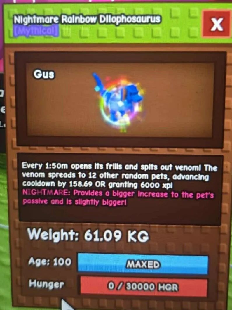 HUGE NIGHTMARE RAINBOW HATCH DILOPHOSAURUS ! 60-61+ KG AGE 100 SUPER BIG!! (Actual Pic) Grow a Garden Fast Delivery! (FOR BOOSTING)