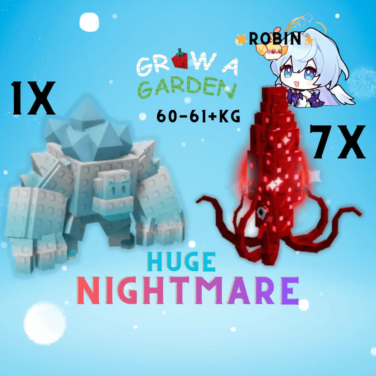 1x HUGE Nightmare Ice Golem + 7x HUGE Nightmare Ruby Squid - Passsive 80 Total - (10 x 8 ) - Giantgolem Method - Grow a Garden — Account account