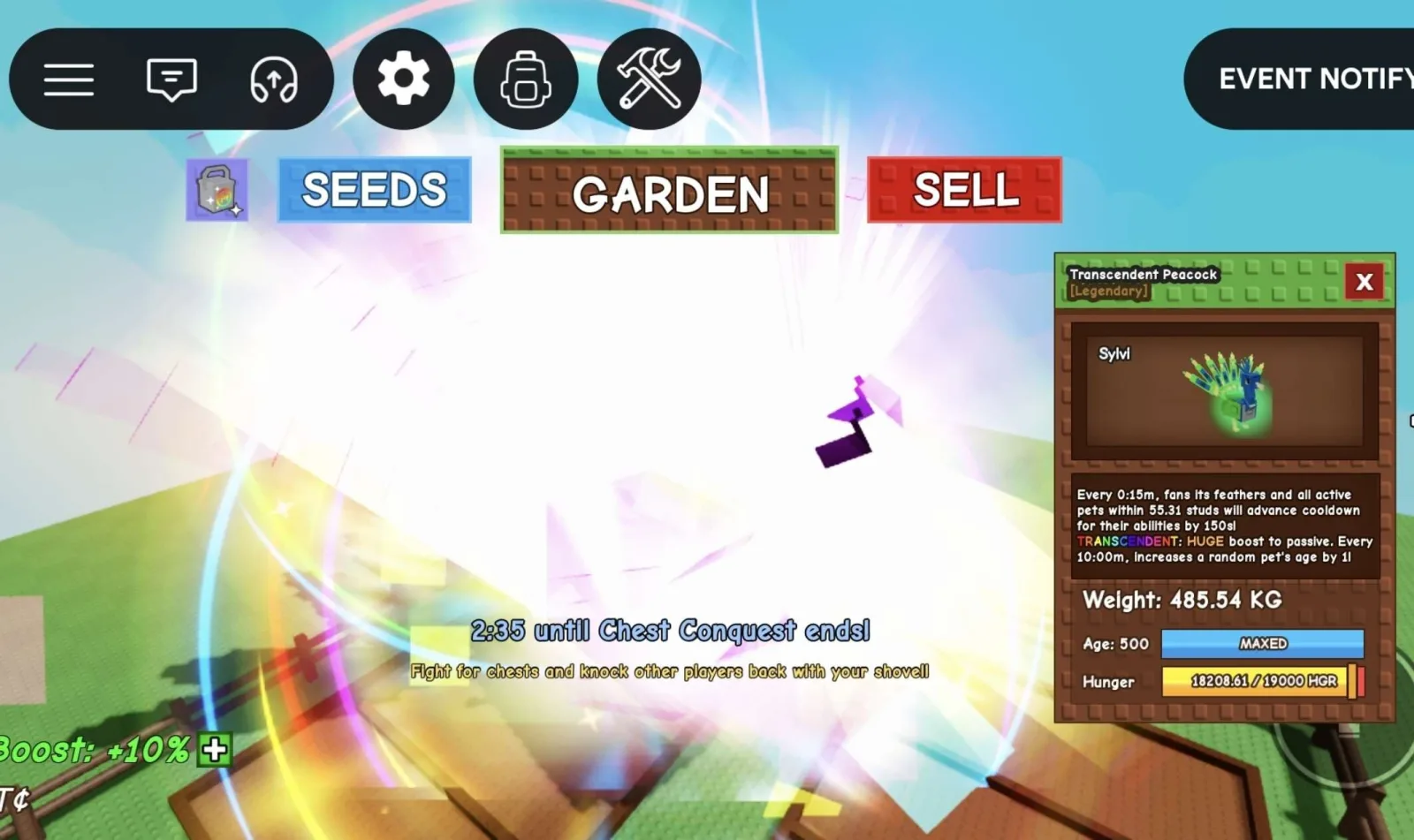 Colossal / Godly / Titanic / Huge TRANSCENDENT Peacock - 485.54 KG (Age 500) 15s Cooldown