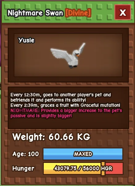 NIGHTMARE HUGE SWAN 60 KG ++ MAX LEVEL 100 RBL Grow A Garden