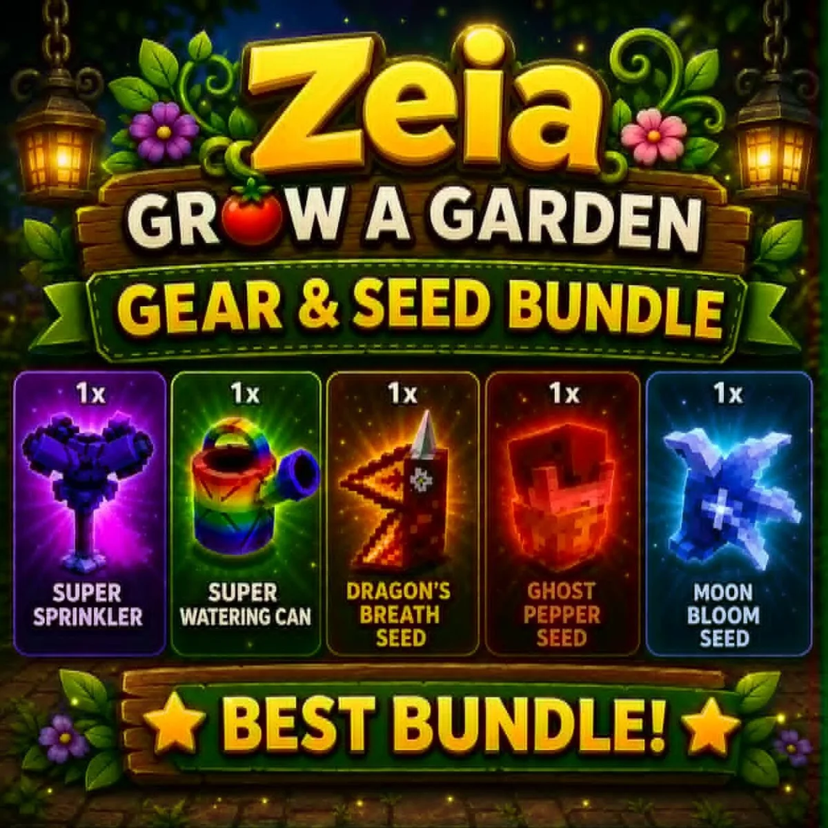 Premium Bundle Dragon's Breath + Moon Bloom Seed + Ghost Pepper + Super Sprinkler + Super Watering Can Grow a Garden 2 Bundle — Account account