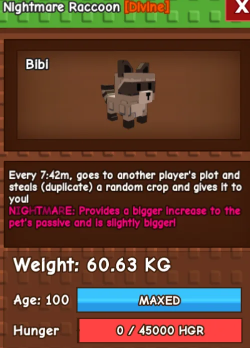 JUMBO Huge Nightmare Raccoon 60-61kg+ Age 100