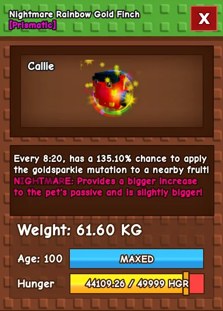 HUGE RAINBOW HATCH GOLDEN FINCH 61 KG NIGHTMARE RBH GOLDEN FINCH — Account account