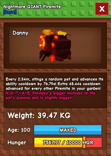 Nightmare Giant Firemite! Stings pets and advances cooldown by 76.79 second!