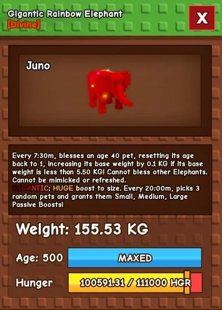 Huge GIGANTIC Rainbow Hatched Elephant 155.53Kg at Age 500 (Max Passive 5.5Kg NO TOY) — Account account