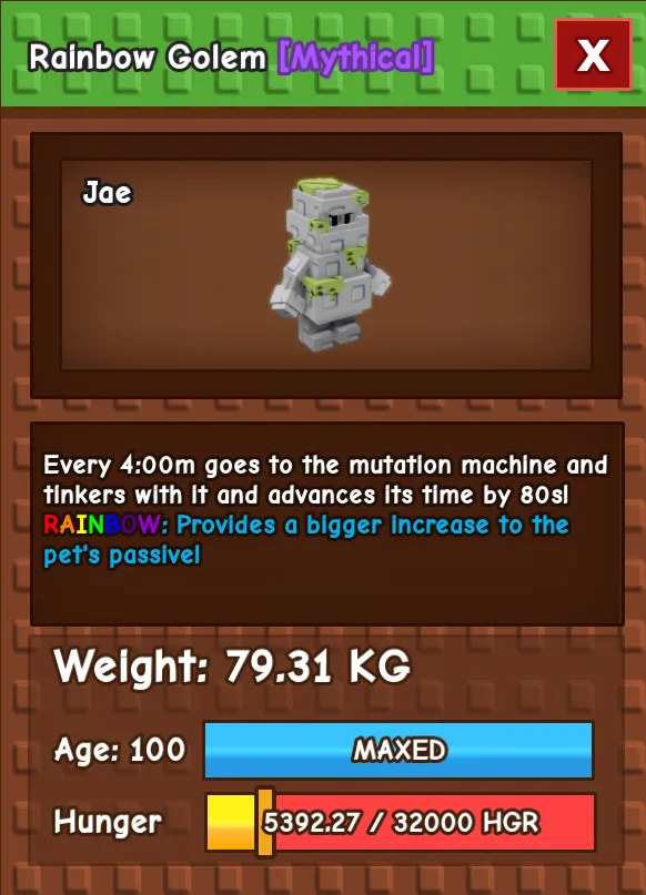 Titanic / Huge RAINBOW Golem - 79.31 KG (Age 100) 4:00m cooldown