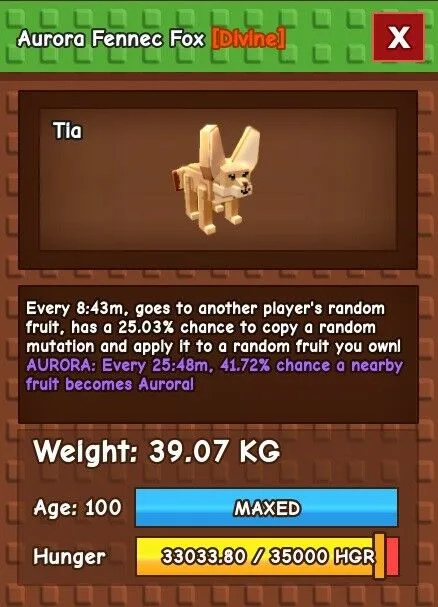 Aurora Fennec Fox 39.07kg Huge Age 100 Brilliant Mutation Spreader Semi Titanic Not Godly - Tia (EP)