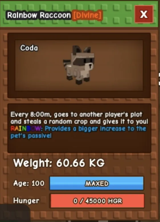 RARE! Rainbow Raccoon 60.66KG Maxed Age 100 Fast Delivery — Account account