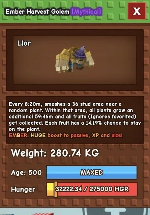 Ember Harvest Golem 280kg+ New pet