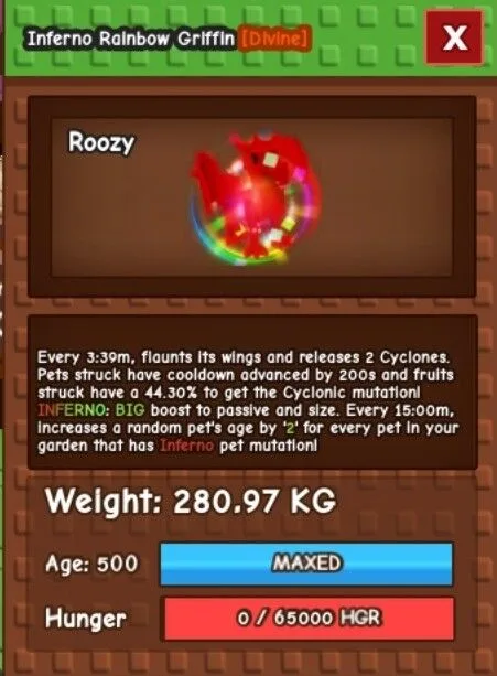Inferno Rainbow hatched griffin - Level 500 280.97 KG