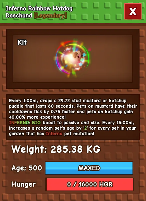 HUGE INFERNO RAINBOW HATCHED HOTDOG DASCHUND 280KG+ AGE 500