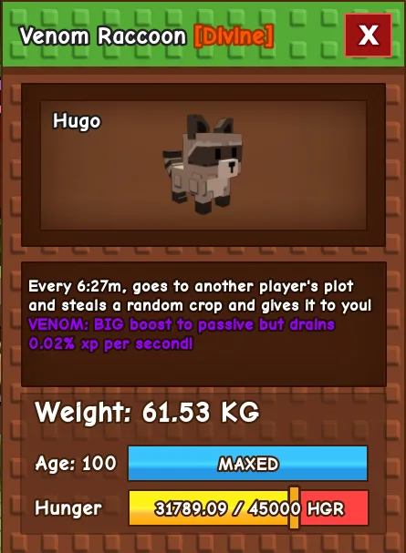 60-61 KG VENOM RACCOON RARE HUGE TITAN — Account account