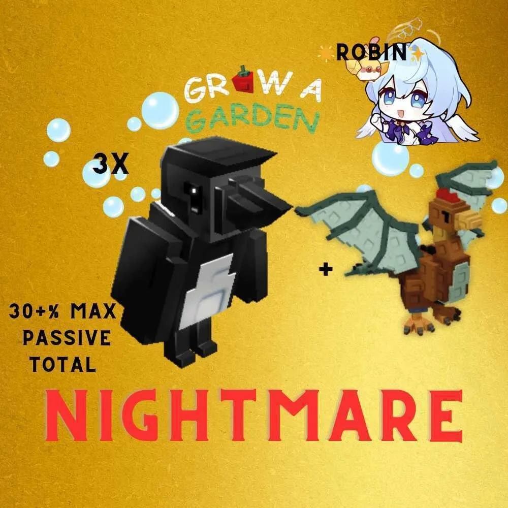 3x Nightmare Magpie - 30 + Max Passive TOTAL+ Nightmare Cockatrice - Ready to Use - Grow a Garden — Account account