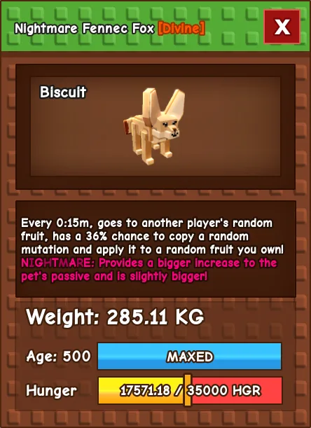 HUGE NIGHTMARE FENNEC FOX 280KG+ AGE 500