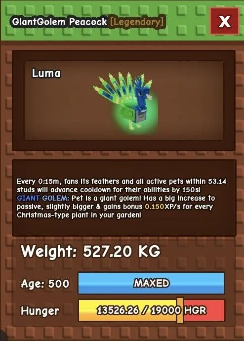 514Kg+++ Colossal Peacock Max Level / Age 500 15s CD Max Passive Grow a Garden