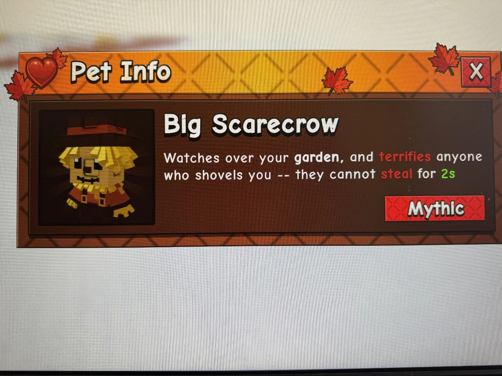 New New Scarecrow pet (Big) from New egg instand Delivery! Makes that Players cant Steal for a time! Legit Seller! (Mythic)