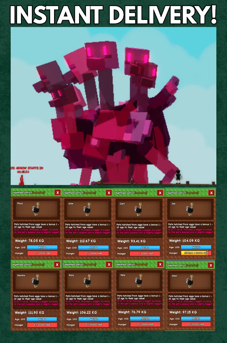 8x OSTRICH 4x Colossal, 2x Godly, 2x Semi-titanic INSTANT DELIVERY — Account account