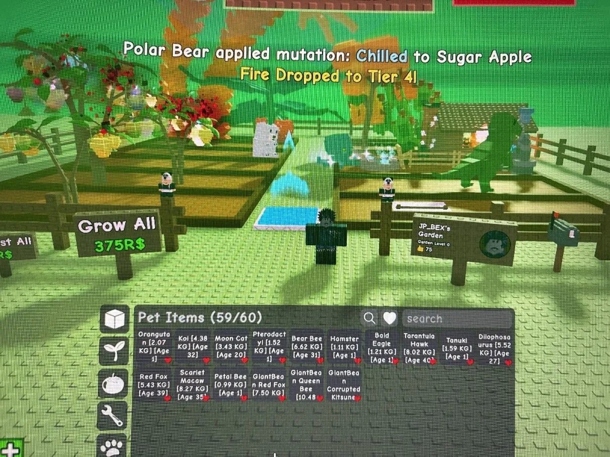 ALL MY PETS TREX RACOON DRAGON FLY OCTOPUS BEAR BEE BALD EAGLE RED FOX GIANT BEE x2 GIANTBEAN RED FOX AND A FEW BIG FRUITS YOU CAN ALSO LOOK AROUND